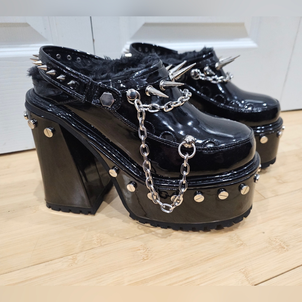 Dolls Kill Widow Black Silver Spiked Righteous Rebel Platform Mules Heels 8 9